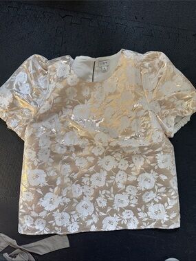 J. Crew Cream and Gold Floral Puff-Sleeve Blouse